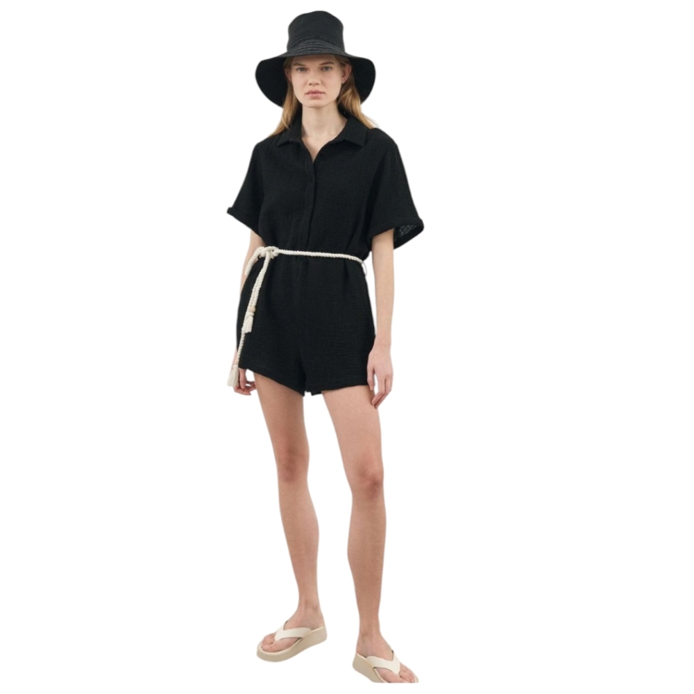 The Handloom LA Mia Romper Black Cotton with Rope Belt SZ S/M